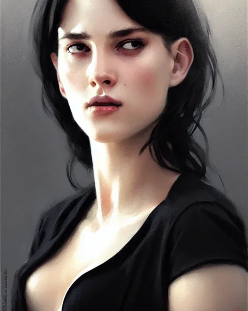 Prompt: a beautiful girl with black jacket and white bra portrait | | realistic shaded, unpleasant face, bad looking, fine details, realistic shaded lighting poster by greg rutkowski, magali villeneuve, artgerm, jeremy lipkin and michael garmash and rob rey