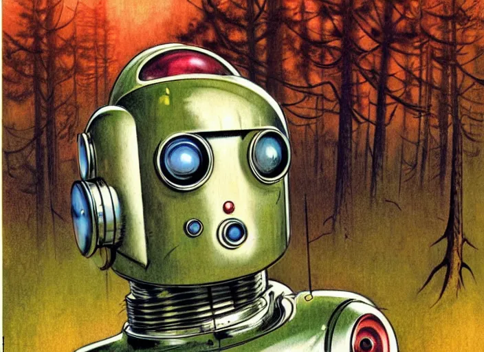 Prompt: 1 9 5 0 s retro - future robot android, forrest in background, muted colors, by jean baptiste monge, chrome red