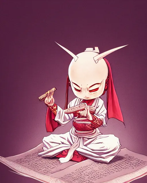 Prompt: a tiny adorable demonic samurai meditating, wrapped in sacred parchment with glowing text, smooth, intricate, elegant, digital painting, artstation, power runes, pulsing energy, concept art, sharp focus, octane render, illustration, art by shintaro kago and moebius, overwatch character,