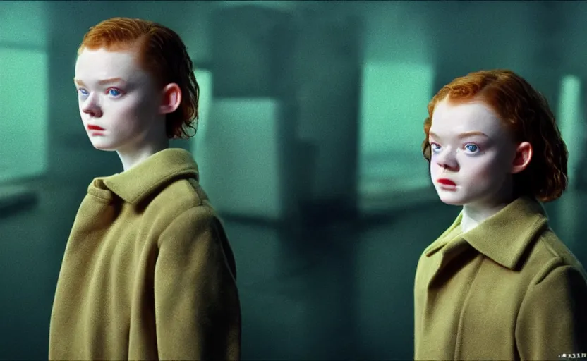 Image similar to sadie sink with buzz cut hair in oversized man's coat : a still from a scifi soviet cyberpunk film from 1 9 8 0 s. by steven spielberg and james cameron. 6 5 mm low grain film stock. sharp focus, realistic facial expression, perfect anatomy, global illumination, radiant light, detailed and intricate environment, trending on artstation