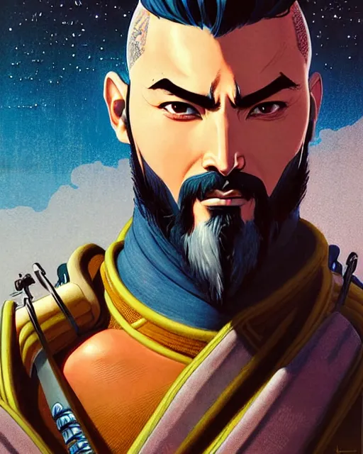 Image similar to hanzo from overwatch, character portrait, portrait, close up, concept art, intricate details, highly detailed, vintage sci - fi poster, retro future, vintage sci - fi art, in the style of chris foss, rodger dean, moebius, michael whelan, katsuhiro otomo, and gustave dore