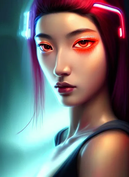 Prompt: photorealistic oriental female humanoid with freckle face, cyber neon lightings, futurism, cyberpunk high fashion, elegant side profile pose, intricate details, crispy quality, digital photography, trending in artstation, trending in pinterest, no watermark signature, cinematic, 4 k ultra hd, art by artgerm, art by greg rutkowski, art by pascal blanche