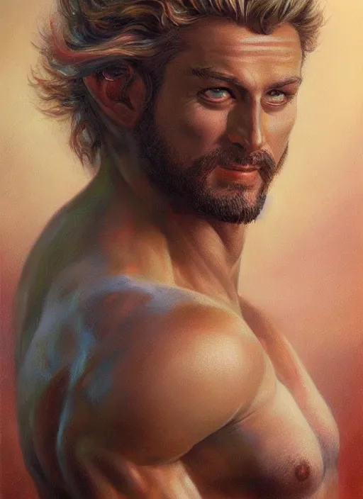 Prompt: a magical portrait of the god of masculinity, art by boris vallejo and greg danton and denys tsiperko, detailed, hyperrealism, artstation