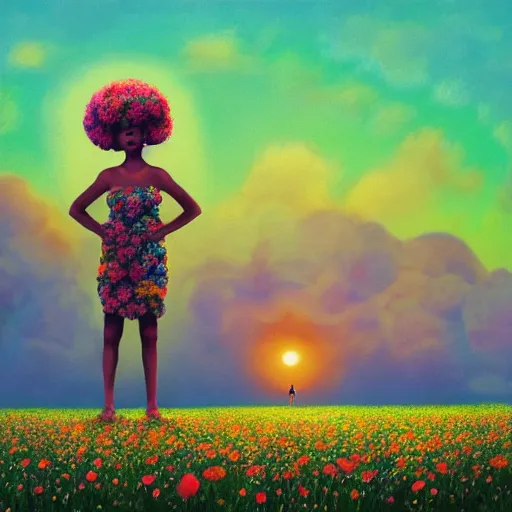 Image similar to afro made of flowers, full body, girl standing in the middle of a field with flowers, surreal photography, hills, big trees, sunrise dramatic light, impressionist painting, colorful clouds, digital painting, pointillism, artstation, simon stalenhag