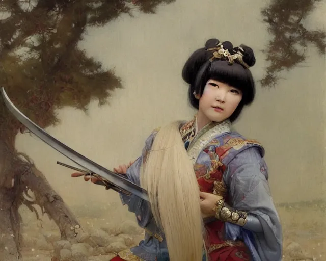 Prompt: a young japanese princess lady with white hair and bangs!!!!, posing with a sword killing an ox, white hair highly detailed painting by gaston bussiere, craig mullins, j. c. leyendecker 8 k