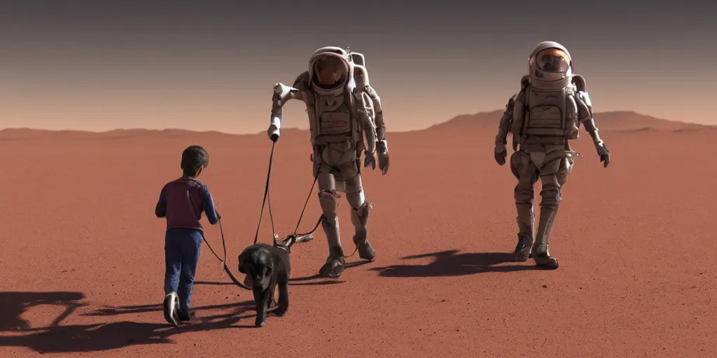 Image similar to a child taking his dog for a walk in the human settlement main city on Mars, 4k, high detail