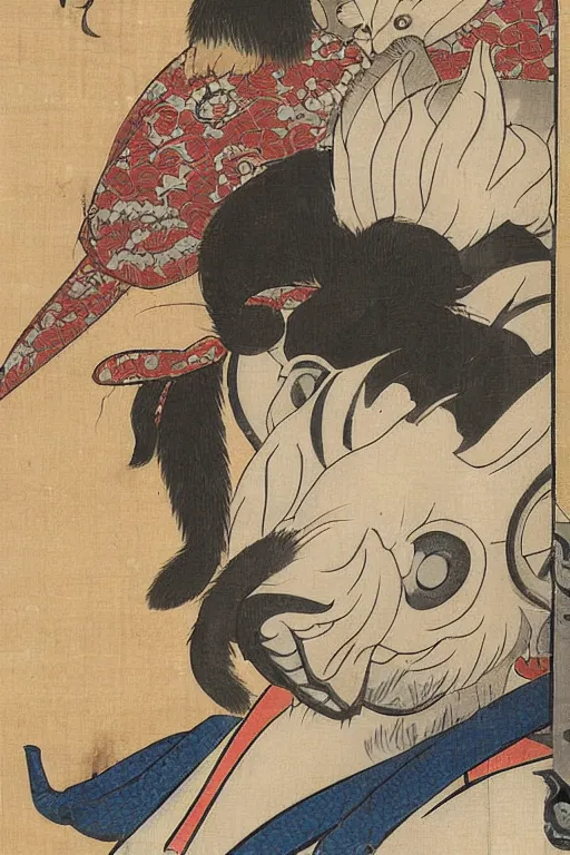 Image similar to a little - known commission from a famous ukiyo - e artist depicts the fursona of tokugawa ieyasu, furry shogun, tokugawa era illustration, vintage