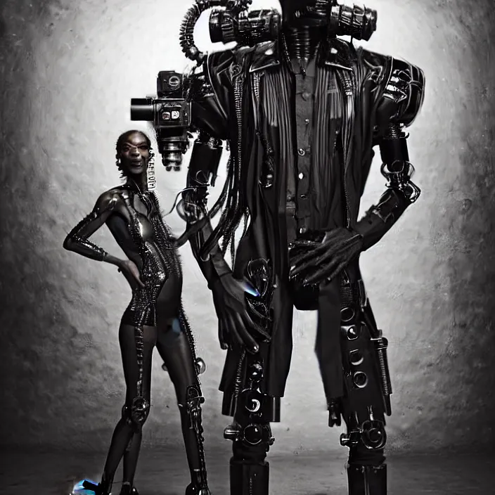 Image similar to cyberpunk black man at 20s with robot eyes, short hair, tiny thin mustache, thin face, wearing headphones, holding a big camera, by Wayne Barlowe by peter Mohrbacher by Giger, dressed by Alexander McQueen and by Neri Oxman, metal couture hate couture editorial