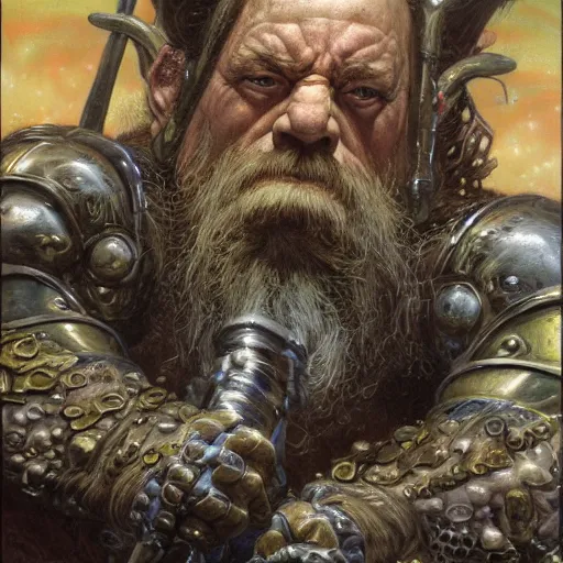 Image similar to art by donato giancola and bayard wu and gustav moreau and wayne barlowe, portrait, a fantasy cinematic close up shot of a dwarf berserker, warhammer, dnd, last stand