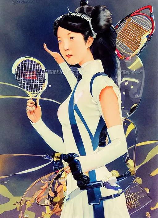 Prompt: a copic maker art nouveau portrait of a japanese girl playing tennis at high speed wearing a futuristic latex pilot suit and a puffy skirt designed by balenciaga by john berkey norman rockwell