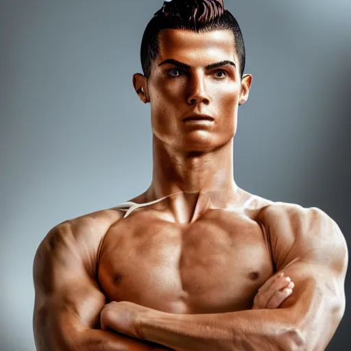 Prompt: a realistic detailed photo of a guy who is an attractive humanoid who is half robot and half humanoid, who is a male android, soccer player cristiano ronaldo, shiny skin, posing like a statue, blank stare, in a living room, on display, showing off his muscles
