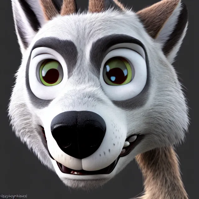 Image similar to portrait headshot of a handsome male white skull - wolf in the style of zootopia. pixar, fur volumetric lighting, subsurface scattering, hyperrealistic, octane render, hyperdetailed
