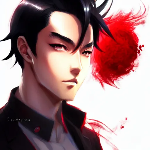 Image similar to anime portrait of a slick black hair guy with red eyes by stanley artgerm lau, wlop, rossdraws, james jean, andrei riabovitchev, marc simonetti, and sakimichan, trending on artstation