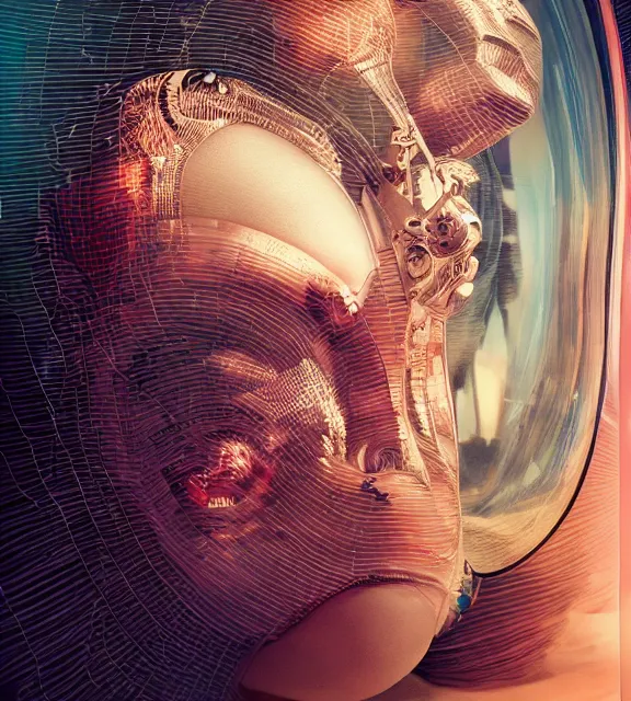 Image similar to hyperrealistic portrait of a woman monster futuristic astronaut, sofia coppola, cyberpunk, well lit, intricate abstract. gucci style, intricate artwork, high detail, figurative art, multiple exposure, poster art, 3 d, by stanley kubrick and tooth wu and wlop and beeple, realistic, hyperdetailed, 8 k resolution.