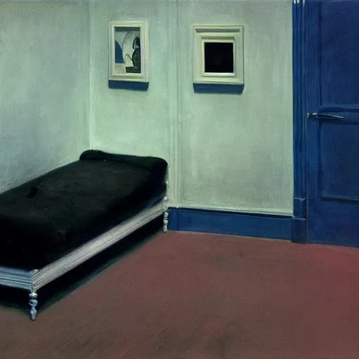 Image similar to a black demon lying in an haunted liminal abandoned room, film still by edward hopper, by gottfried helnwein, by klimt, art noveau, highly detailed, strong lights, liminal, eerie, bright pastel colors,