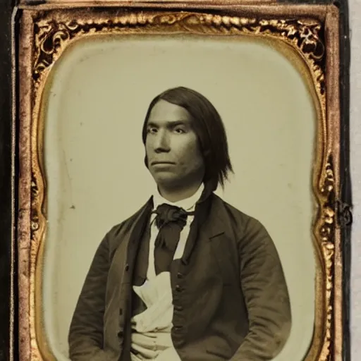 Image similar to native american dressed as a 18 century American business man highly focused detailed daguerreotype photo