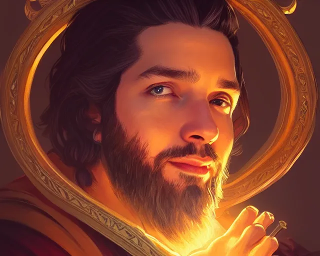 Image similar to a portrait of alexis ohanian as a wizard, deep focus, d & d, fantasy, intricate, elegant, highly detailed, digital painting, artstation, concept art, matte, sharp, illustration, hearthstone, art by artgerm and greg rutkowski and alphonse mucha