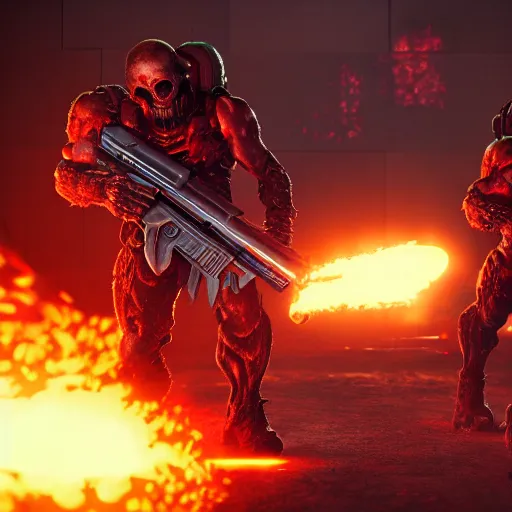 Image similar to doom slayers in hell wielding the super shotgun, octane render, cinematic, by greg rutkowski, extremely high detail, hyper realistic textures, vivid colors, 8 k