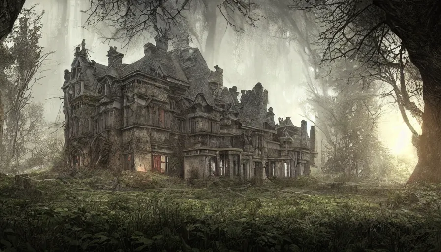 Image similar to abandoned manor in a dark wood, fps game view, hyperdetailed, artstation, cgsociety, 8 k