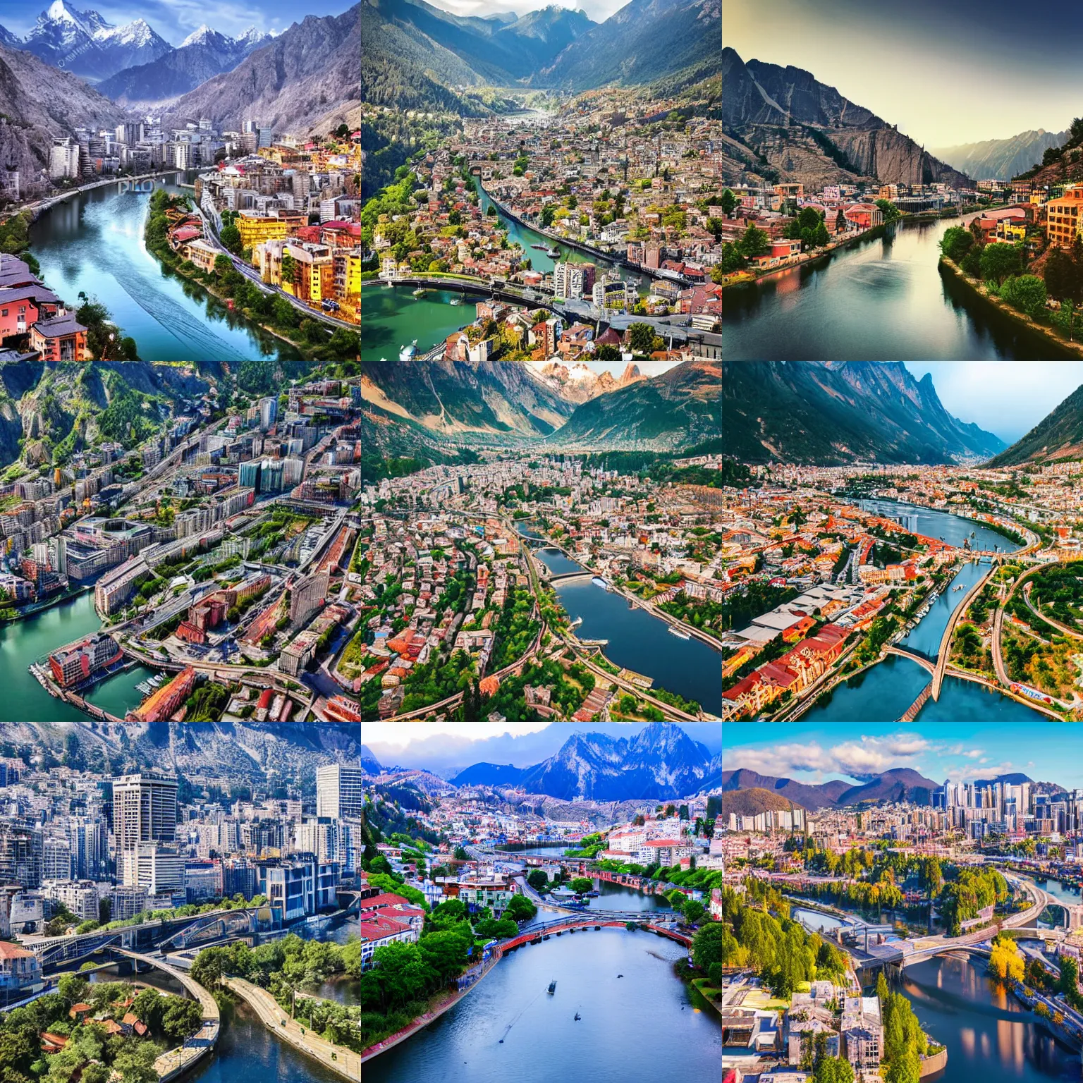 Prompt: beautiful city nestled among mountains, modern dense urbanism, river, aerial photography, highly detailed