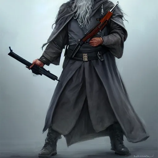 Prompt: policeman gandalf looking quizzically at an ak - 4 7 that he's holding up, art by artgerm and greg rutkowski and magali villeneuve, d & d, fantasy, highly detailed, digital painting, trending on artstation, concept art, sharp focus, illustration