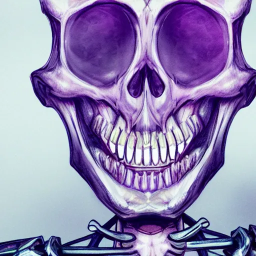 Image similar to a detailed portrait of a fancy skeleton with expressive features and metallic teeth, metal teeth, skeleton in a suit, purple glowing eyes, fantasy art, character, wizard, barbarian