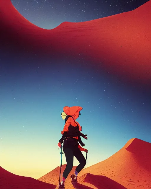 Prompt: a girl hiking in the sahara desert, full shot, focused, ambient lighting, detailed, fair - face, art by ayami kojima, makoto shinkai, kilian eng