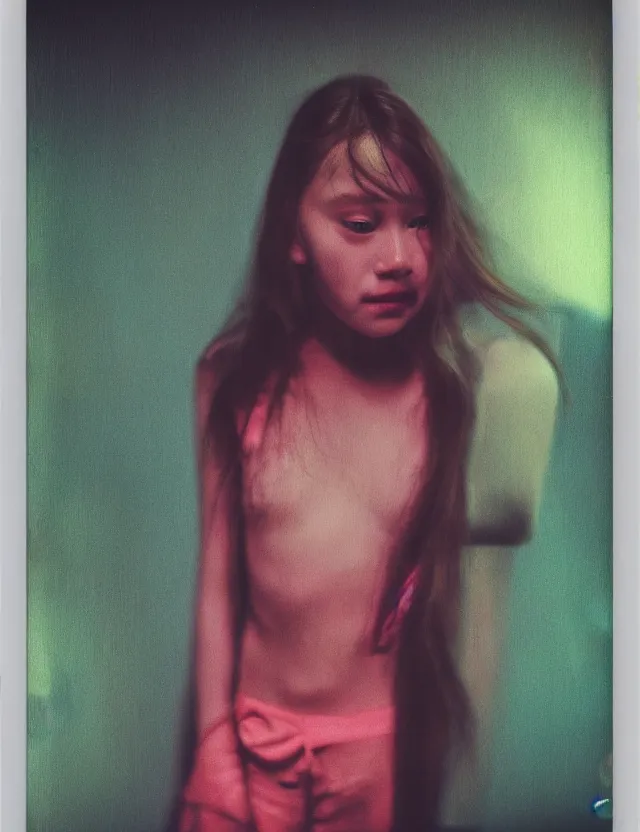 Prompt: dressed girl at home at night, redshift, wide high angle view, coloured polaroid photograph with flash, kodak film, hyper real, stunning moody cinematography, anamorphic lenses, by maripol, fallen angels by wong kar - wai, style of suspiria and neon demon and bahnhof zoo, detailed, oil on canvas, pixelated, glitch datamosh