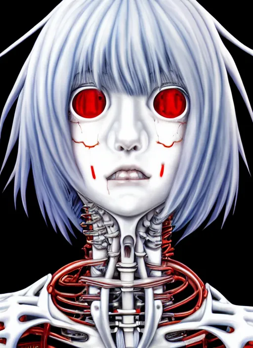 Image similar to Rei Ayanami by Yoshitaka Amano, by HR Giger, biomechanical, profile portrait, 4k, wide ayes, hyper detailed, hyperrealism, anime, a Blood Moon rising on a Broken World 4k very detailed deviantart artstation