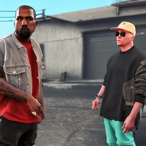 Image similar to kanye west and eminem in gta 5 real life, hyper realistic, realistic, 4 k, 8 k uhd, intricate details, detailed, great detail