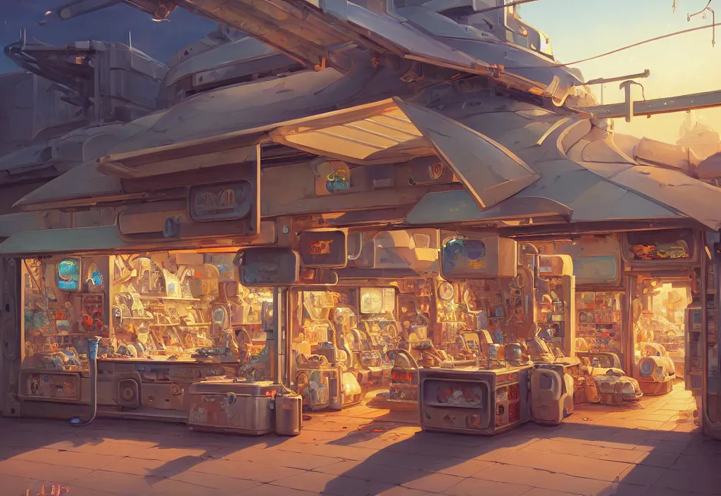 Image similar to chubby futuristic shop in the desert surrounded by two metal boxes, intricate oil painting, high detail illustration, sharp high detail, manga and anime 1 9 9 9, official fanart behance hd artstation by jesper ejsing and makoto shinkai, 4 k,