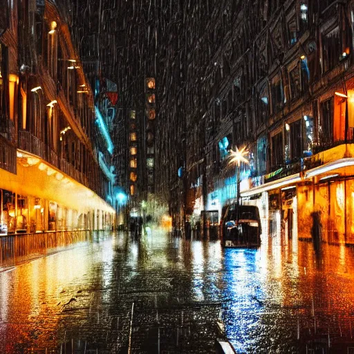 Prompt: photo, night, rain, modern city street, focus to bar