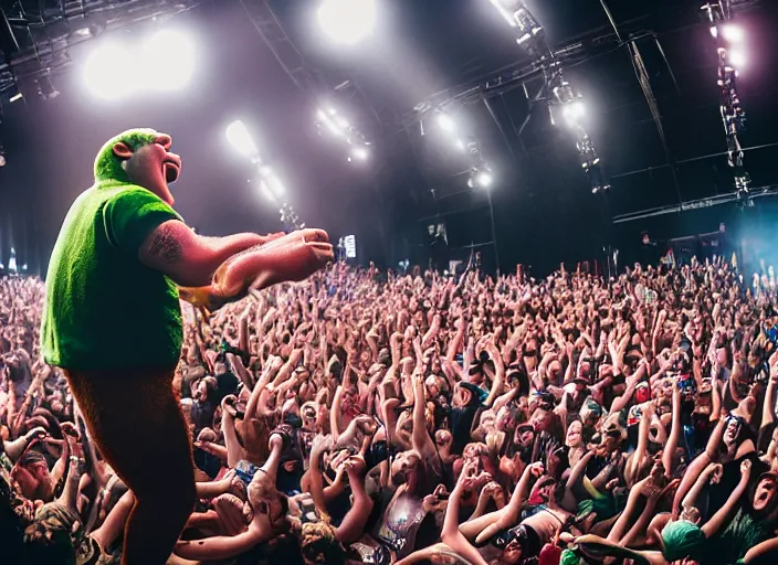 Image similar to photo still of shrek at the vans warped tour 2 0 1 8!!!!!!!! at age 3 6 years old 3 6 years of age!!!!!!!! getting lit in the pit, 8 k, 8 5 mm f 1. 8, studio lighting, rim light, right side key light