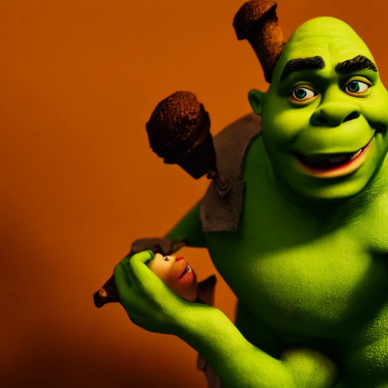 Image similar to a cinematic film still of a claymation stop motion film shrek, portrait, shallow depth of field, 8 0 mm, f 1. 8