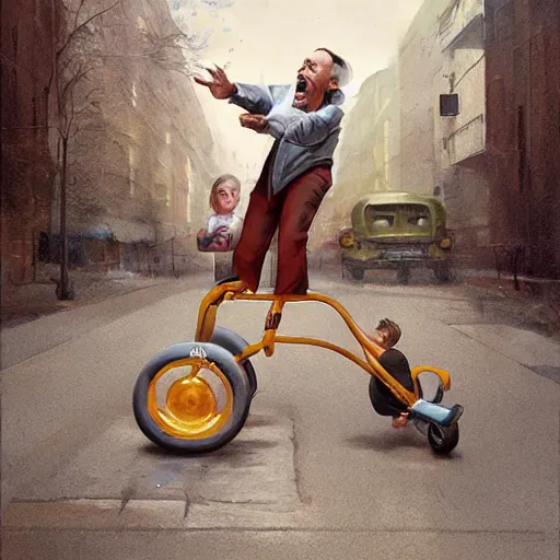 Prompt: hyper realistic absurd, silly, making insane faces, steve buscemi / john waters riding a tiny tricycle, painted by greg rutkowski, wlop, artgerm