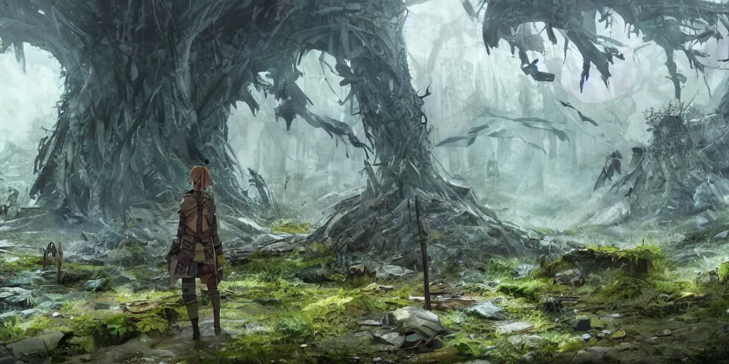 Image similar to a druid in postapocalyptic city intertwined with nature in the open space, low contrast, ivan laliashvili, studio ghibli and shinkai makoto, d render
