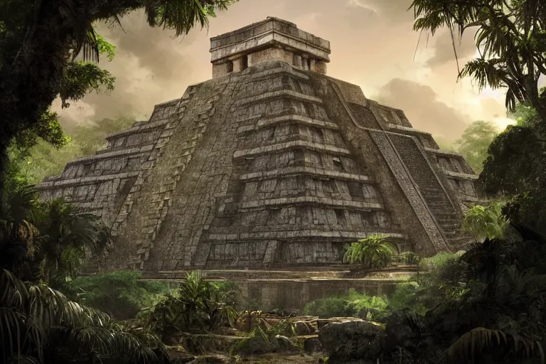 Image similar to Brutalist mayan temple in the jungle, beautiful dynamic lighting, cinematic, wide angle establishing shot, extremely high detail, photo realistic, cinematic lighting, post processed, concept art, artstation, matte painting, style by eddie mendoza, raphael lacoste, alex ross