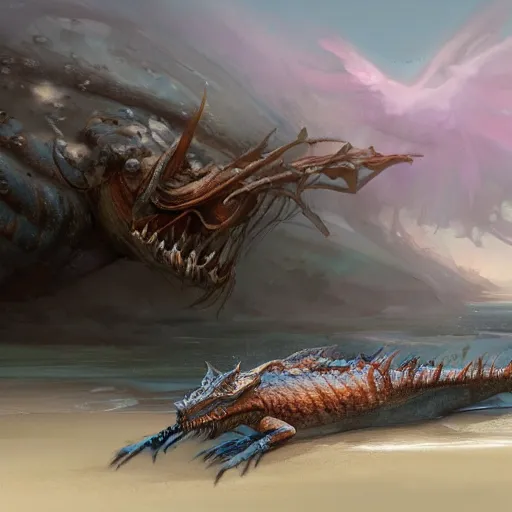 Image similar to a dying beached sea dragon washing up on the shore of a beach by jaime jones, cgsociety, fantasy art, concept art, artstation hd, deviantart hd. highly detailed. dramatic light. masterpiece