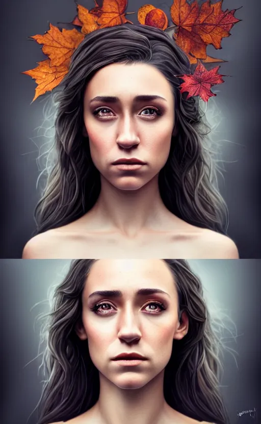 Prompt: gorgeous stella maeve magician, realistic character concept, bird's eye overhead shot, elegant pose, spooky, illustration, symmetrical face and body, cinematic lighting, detailed realistic symmetrical eyes, 8 k, joshua middleton, artgerm, tom bagshaw, single face, insanely detailed and intricate elegant, autumn leaves