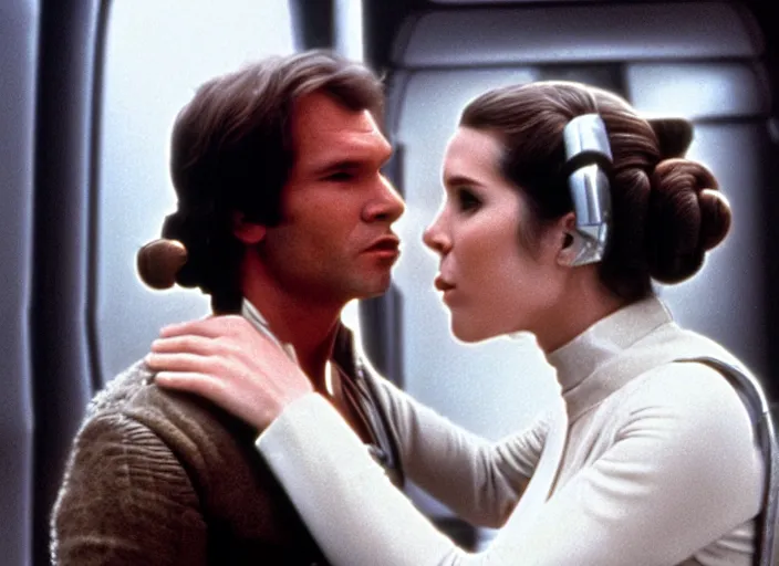 Prompt: screenshot of Han Solo kissing Princess Leia Organa, alone,, iconic scene from 1970s Star Wars film directed by Stanley Kubrick, in a sci fi nursing home architecture, last jedi, 4k HD, cinematic still frame, photoreal, beautiful portraits, moody lighting, stunning cinematography, anamorphic lenses, kodak color film stock