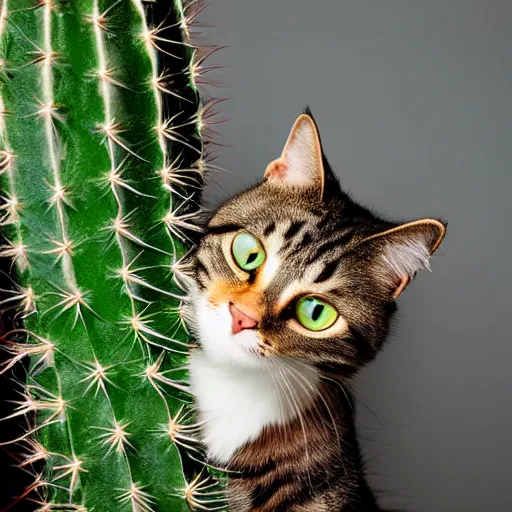 Image similar to A photograph of a cat licking a cactus, close view, studio lighting, DSLR, bokeh