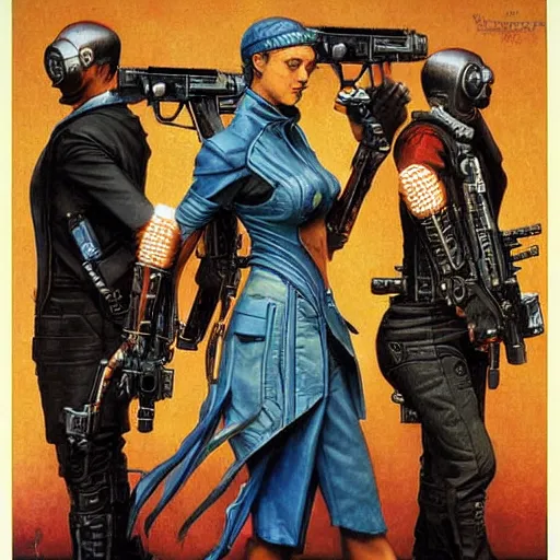 Prompt: portrait of three cyberpunk hired guns, by gerald brom and norman rockwell