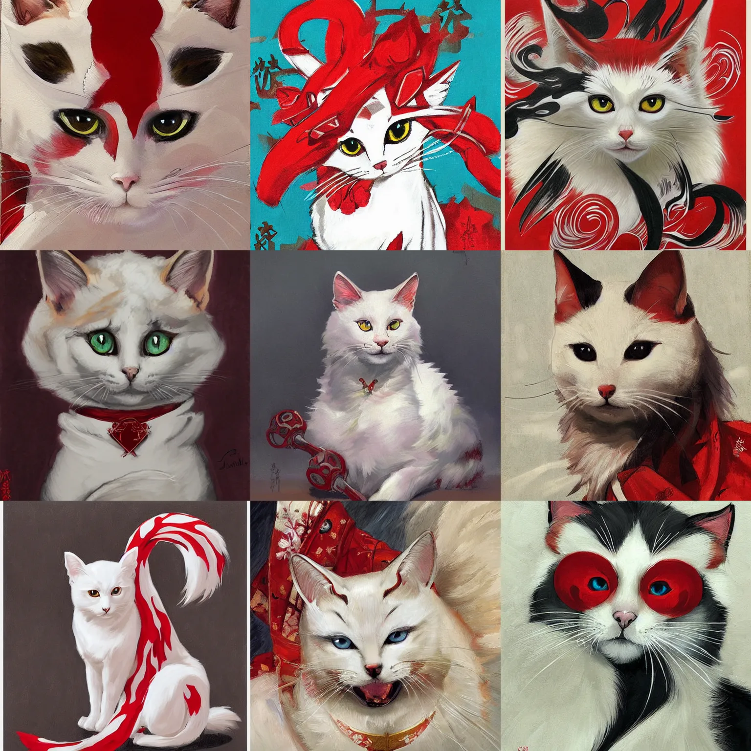 Prompt: painting of a cute white ( okami style ) ( ( kitsune ) ) cat with red patterns, plain white background, no people, art by jc leyendecker, phil hale, angular, brush strokes, painterly, crisp, portrait of a cat, cat portrait painting