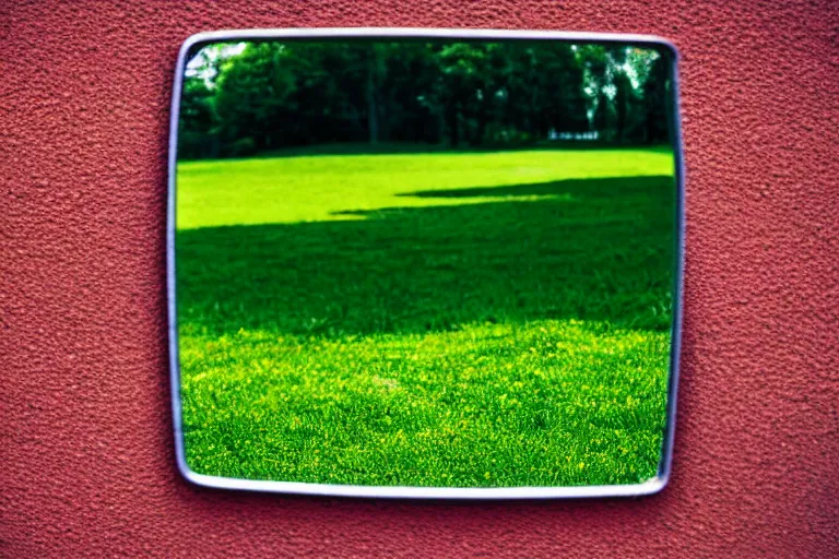 Image similar to film color photography, long view of square hand mirror lies at the green lawn, no focus, 35mm