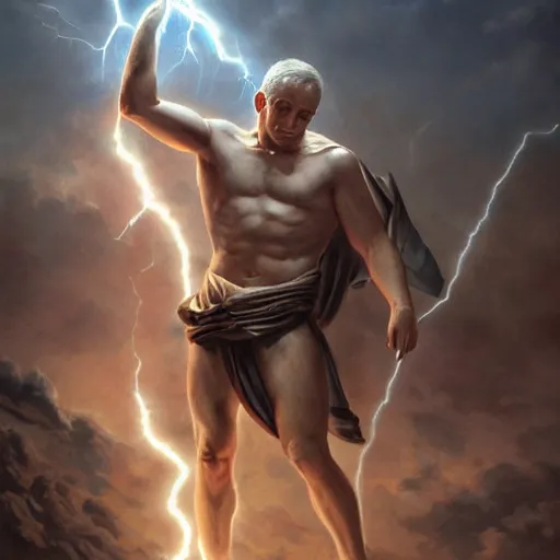 Prompt: benjamin netanyahu as a greek god of lightning, shooting lightning bolts from hands, highly detailed, ultra clear, by artgerm and greg rutkowski