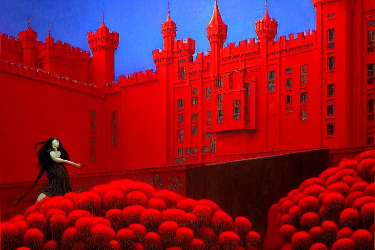 Image similar to only with red, red flowers of different types, red castle in background, red medieval goblins, in the style of beksinski, parts by edward hopper, parts by rodcenko, parts by yue minjun, intricate and epic composition, red by caravaggio, insanely quality, highly detailed, masterpiece, red light, artstation, 4 k