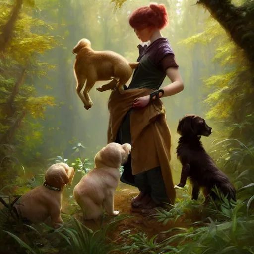 Prompt: photo of a humanoid hiena feeds puppies in the forest, highly detailed, digital painting, artstation, smooth, sharp focus, illustration, art by artgerm and greg rutkowski and alphonse mucha