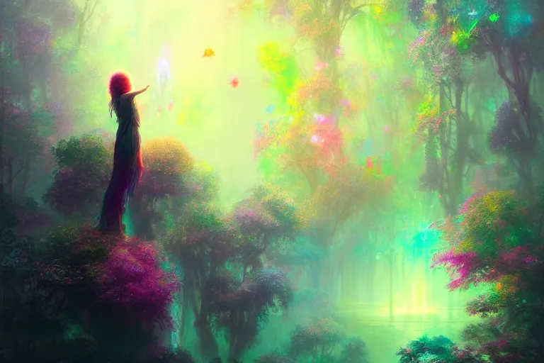 Image similar to a psychedelic realm hidden away in a pocket of ethereal understanding | astral beings sharing love greg rutkowski wlop lisa frank bob ross | ruan jia | illustration