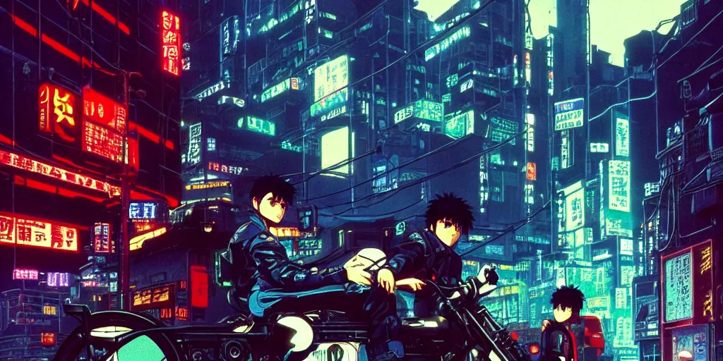 Image similar to twilight lighting, moody, atmospheric, solarpunk, kaneda and his motorcycle from akira, rainy, in the art style of neon genesis : evangelion, 8 0 s anime style, by ghibli studio and victor ngai, ghost in the shell art style, akira artstyle, pixar highly detailed, 8 k h 5 7 6