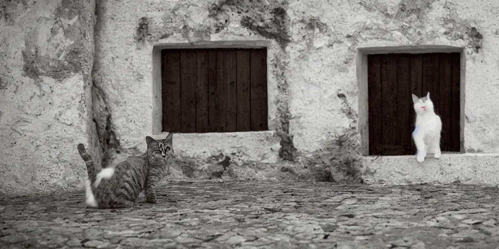 Image similar to photography of a cat with mortadela in his mouth at italian puglia with trulli houses in the background, photoreal, 3 5 mm, award winning photography